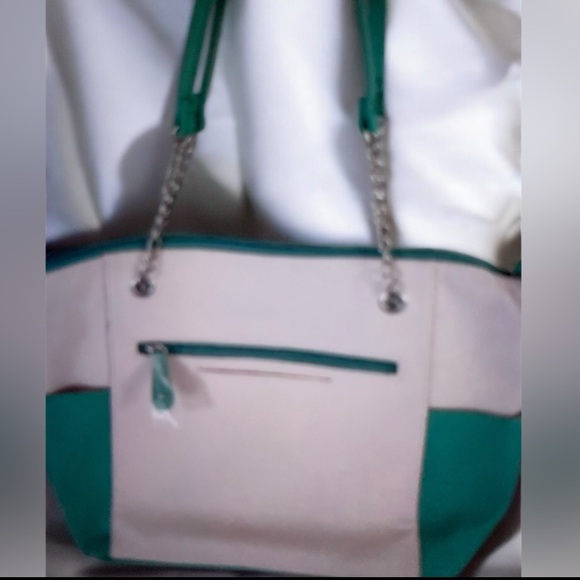 Stone Mountain Large Teal White zip Tote Bag Preoved W 17”x H 12”Handle drop 11” - Picture 10 of 11